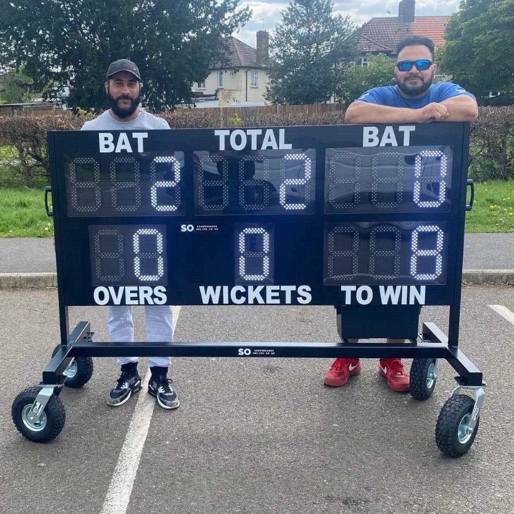 electronic cricket scoreboards - 2 men behind scoreboard